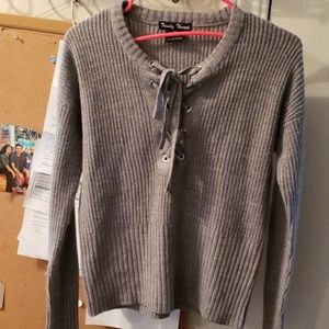 lace up front gray sweater